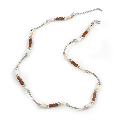 Delicate Glass Beads and Sea Shell, Metal Bar Necklace In Silver Tone (Brown/ White) - 50cm L/ 6cm Ext - main view