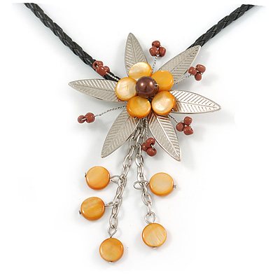Romantic Beaded Flower Pendant with Black Faux Leather Cord In Silver Tone (Brown, Honey) - 44cm L - main view