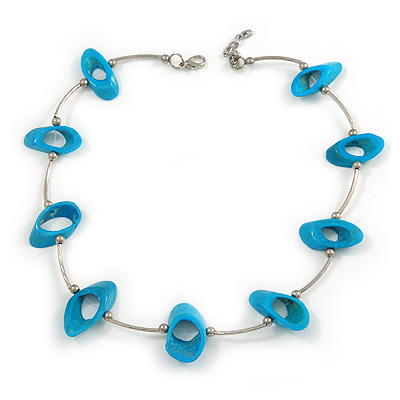 Stylish Blue Bone Bead and Textured Metal Bar Necklace In Silver Tone - 44cm L/ 4cm Ext - main view