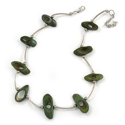 Stylish Green Bone Bead and Textured Metal Bar Necklace In Silver Tone - 43cm L/ 5cm Ext - main view