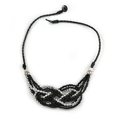 Stylish Black Glass, Silver Acrylic Bead Faux Leather Cord Bib Style Necklace - 42cm L - main view