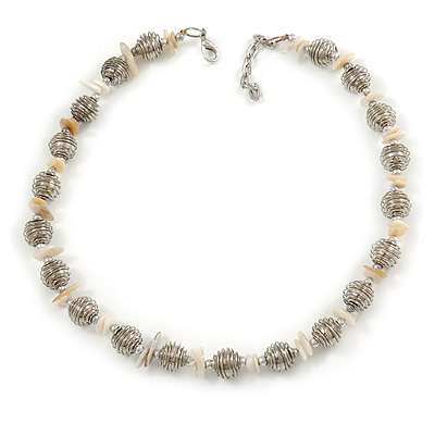Stylish Metal Ball with Wire and Antique White Sea Shell Nugget Necklace In Silver Tone - 44cm L/ 4cm Ext - main view