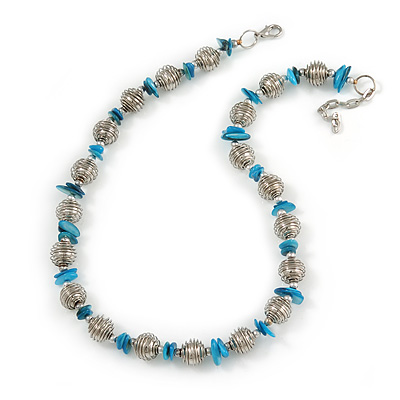 Stylish Metal Ball with Wire and Teal Sea Shell Nugget Necklace In Silver Tone - 44cm L/ 4cm Ext - main view