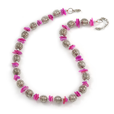 Stylish Metal Ball with Wire and Deep Pink Sea Shell Nugget Necklace In Silver Tone - 44cm L/ 4cm Ext - main view