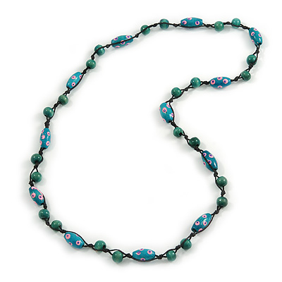 Teal/ Pink Wood Bead Black Cotton Cord Necklace - 80cm L
