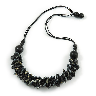 Button Shape Wood Bead with Black Cotton Cord Necklace (Black, Gold, White) - 60cm L - main view