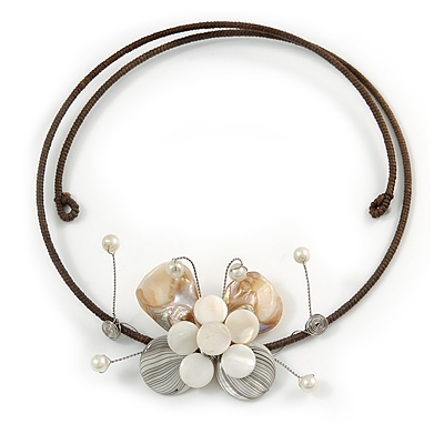 Off White Sea Shell Butterfly Pendant with Flex Wire Choker Necklace - Adjustable