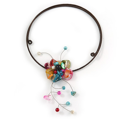 Multicoloured Shell Flower with Multi Faux Pearl Bead Flex Wire Choker Necklace - Adjustable - main view