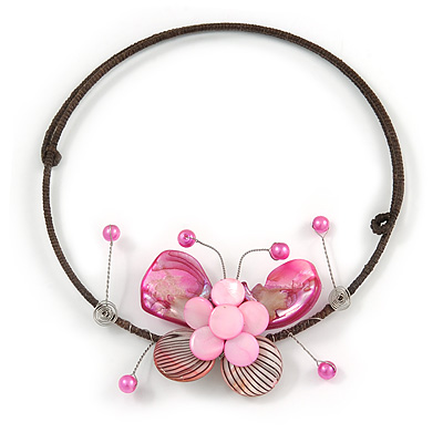 Pink Sea Shell Butterfly Pendant with Flex Wire Choker Necklace - Adjustable