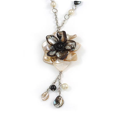 Romantic Antique White/ Black Shell and Faux Pearl Bead Flower Pendant with Silver Tone Chain - 78cm L - main view