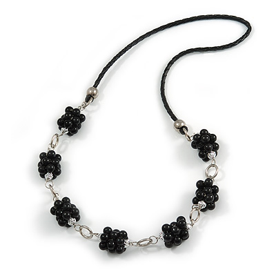 Black Ceramic Cluster Bead with Silver Link Faux Leather Cord Necklace - 76cm L