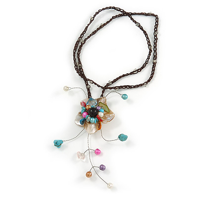 Antique White Shell Flower Pendant with Waxed Cotton Cord Necklace - 60cm L/ 9cm Front - main view