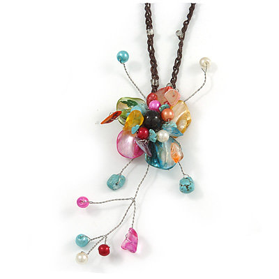Multicoloured Shell Flower Pendant with Waxed Cotton Cord Necklace - 60cm L/ 9cm Front Drop - main view