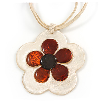 Romantic Shell Flower Pendant with Cream Faux Suede Cords (White, Brown, Black) - 40cm L - main view