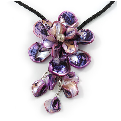 Purple Shell Flower Pendant with Black Faux Leather Cord Necklace - 44cm/ 4cm Ext/ 12cm Front Drop - main view