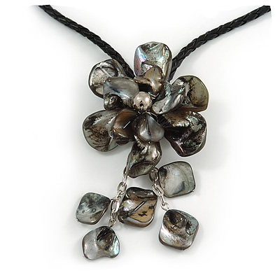 Dark Grey Shell Flower Pendant with Black Faux Leather Cord Necklace - 44cm/ 4cm Ext/ 12cm Front Drop