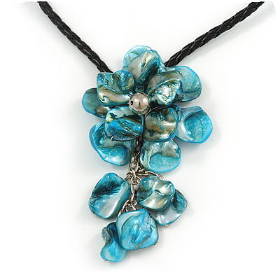 Blue Shell Flower Pendant with Black Faux Leather Cord Necklace - 44cm/ 4cm Ext/ 10cm Front Drop