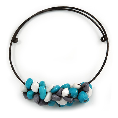 Chunky Semiprecious Stone Cluster Pendant with Flex Wire Choker Necklace (Blue/ Grey/ White) - Adjustable - main view