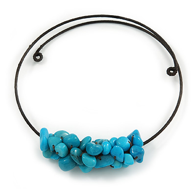 Chunky Semiprecious Stone Cluster Pendant with Flex Wire Choker Necklace (Blue/ Black) - Adjustable - main view