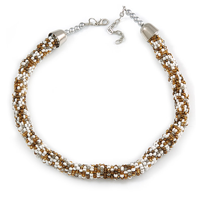 Statement Chunky White/ Bronze/ Light Brown Glass Bead Collar Style Necklace - 44cm L/ 5cm Ext - main view
