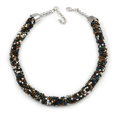 Statement Chunky Black/ White/ Bronze/ Peacock Glass Bead Collar Style Necklace - 44cm L/ 5cm Ext - main view
