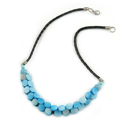 Light Blue Coin Shell Bead Cluster with Black Faux Leather Cord Necklace - 54cm L - main view