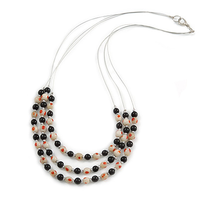 3 Strand Black/ White Glass Bead Wire Layered Necklace - 58cm Long - main view