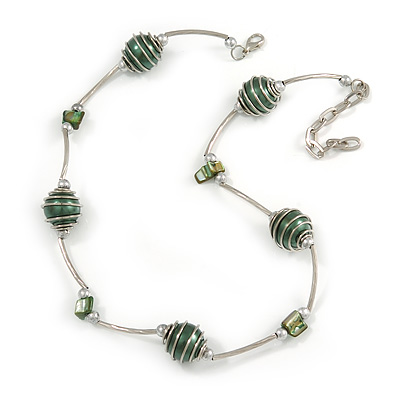 Stylish Green Glass/ Shell Bead and Textured Metal Bar Necklace In Silver Tone - 40cm L/ 5cm Ext - main view