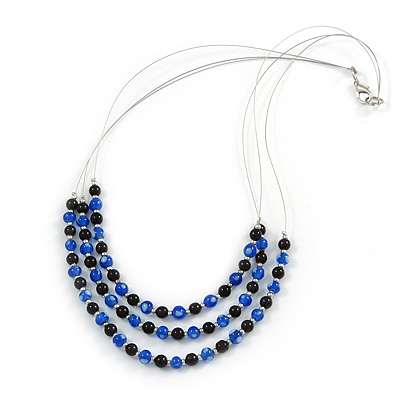 3 Strand Blue/ Black Glass Bead Wire Layered Necklace - 58cm Long - main view