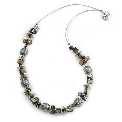 Grey Shell Nugget, Glass Bead Wire Necklace in Silver Tone - 60cm L - main view