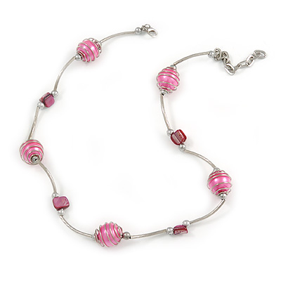Pink Shell and Glass Bead Necklace In Silver Tone Metal - 42cm L/ 5cm Ext - main view