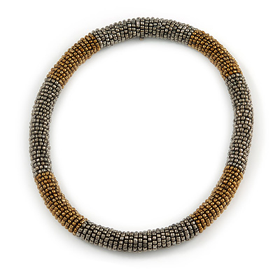 Statement Chunky Grey/ Bronze Beaded Stretch Choker Necklace - 44cm L - main view