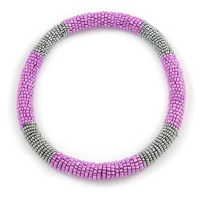 Statement Chunky Grey/ Bubble Gum Pink Beaded Stretch Choker Style Necklace - 44cm L - main view