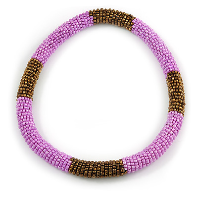 Statement Chunky Bronze/ Bubble Gum Pink Beaded Stretch Choker Style Necklace - 40cm L - main view
