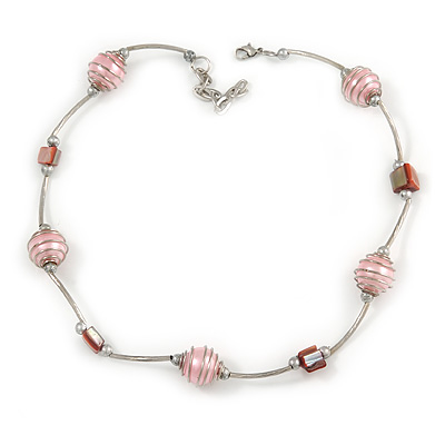 Stylish Light Pink Glass/ Shell Bead and Textured Metal Bar Necklace In Silver Tone - 40cm L/ 5cm Ext