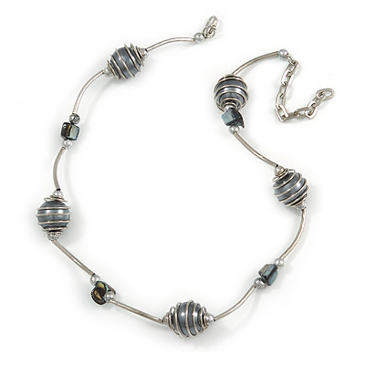 Stylish Grey Glass/ Shell Bead and Textured Metal Bar Necklace In Silver Tone - 40cm L/ 5cm Ext - main view