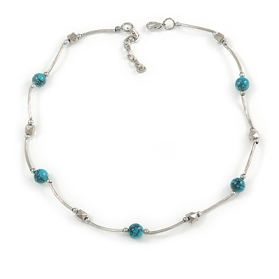 Delicate Ceramic and Acrylic Bead Necklace In Silver Tone (Light Blue) - 45cm L/ 4cm Ext - main view