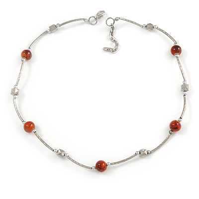 Delicate Ceramic and Acrylic Bead Necklace In Silver Tone (Burnt Orange) - 45cm L/ 4cm Ext - main view