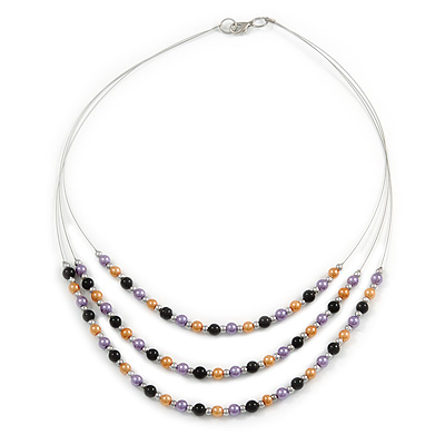 3 Strand Purple/ Orange/ Black Acrylic Bead Wire Layered Necklace - 60cm Long - main view