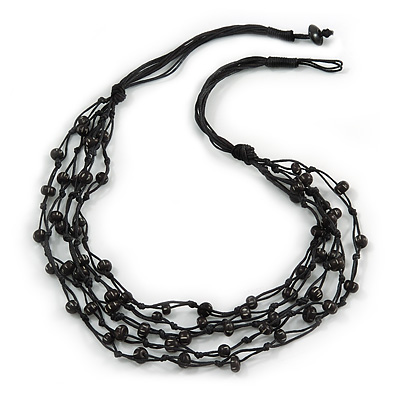 Multistrand Black Wood Beaded Cotton Cord Necklace - 70cm Length - main view