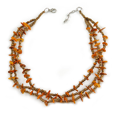 3 Strand Bronze Glass Beads, Burnt Orange Sea Shell Nuggets Necklace - 42cm L/ 3cm Ext - main view