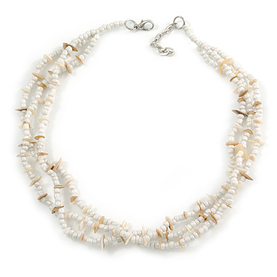 3 Strand White Glass Bead, Natural Sea Shell Necklace - 43cm L/ 4cm Ext - main view