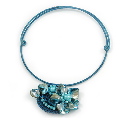 Light Blue/ Teal Shell Component, Acrylic Bead Floral Pendant Flex Wire Choker Necklace - Adjustable - main view