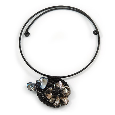 Black Shell Component, Acrylic Bead Floral Pendant Flex Wire Choker Necklace - Adjustable - main view