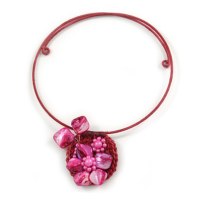 Fuchsia Pink Shell Component, Acrylic Bead Floral Pendant Flex Wire Choker Necklace - Adjustable - main view