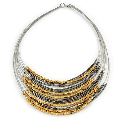 Multistrand Layered Wire Glass and Acrylic Bead Necklace In Silver Tone (Grey/ Gold) - 56cm L - main view