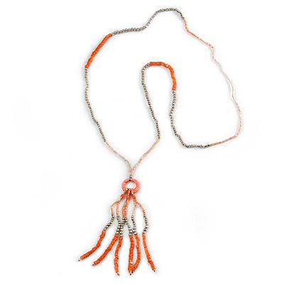Long Glass/ Acrylic Bead Tassel Necklace (Silver, Coral) - 84cm L/ 12cm Tassel - main view