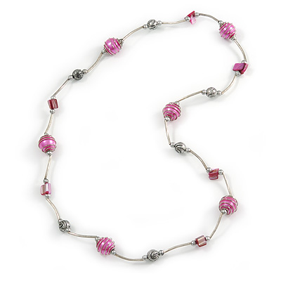 Pink Shell and Glass Bead with Wire Detailing Necklace In Silver Tone Metal - 70cm L