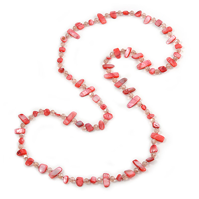 Long Peony Pink Shell/ Transparent Glass Crystal Bead Necklace - 120cm L - main view