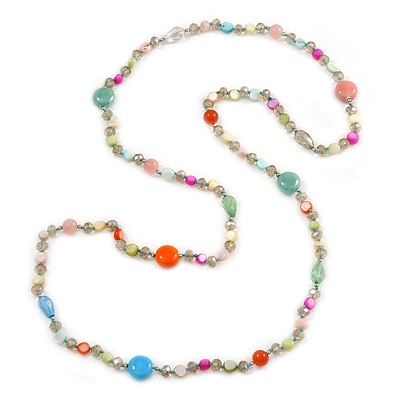 Long Pastel Multicoloured Shell Nugget, Ceramic and Glass Crystal Bead Necklace - 116cm L - main view